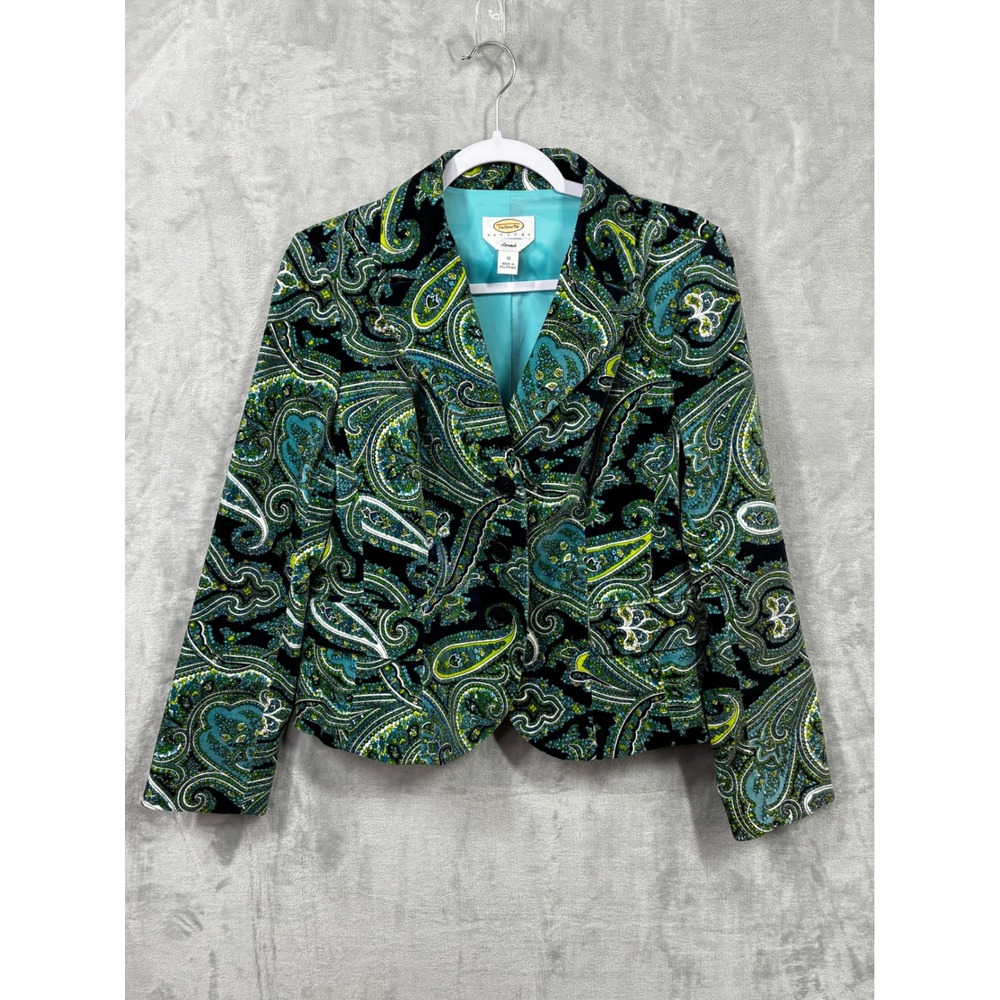 Talbots Petites Women 10 Paisley Blazer Jacket Teal Green Cotton Stretch 3810